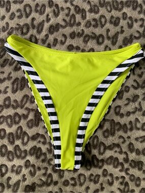 Neon Yellow High-Cut Bikini Bottom with Black & White Stripe Trim